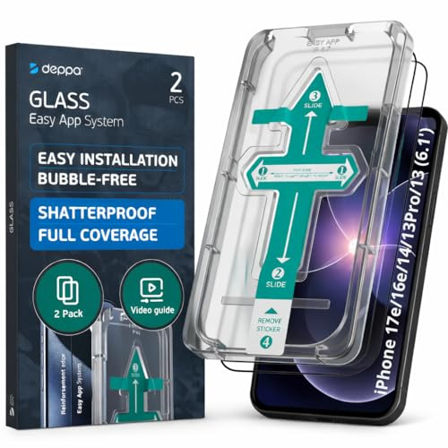 Deppa |2 Stück| für iPhone 17e/16e/13 Pro/13/14 (6.1') Schutzfolie mit Schablone | 9H Stoßfest | Vollständige Abdeckung | Blasenfreie, einfache Installation| Ultra-Klar