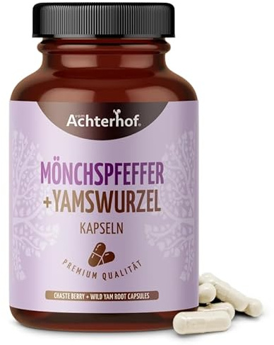 Mönchpfeffer + Yamswurzel Kapseln 120 Stück | mit Biotin, Vitamin B6 und Thiamin | 100% vegan & ohne Zusatzstoffe | Achterhof