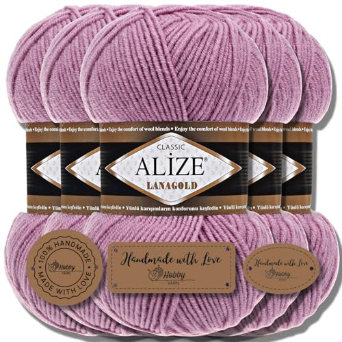Hobby YARN 3x Etikettenlabel mit Alize Lanagold Wolle Premium 5x100g als Set, Yarn, Garn, Strickgarn, Einfarbig, Baby, zum Häkeln, Stricken, Kleidung, Schals (Rose - 28)