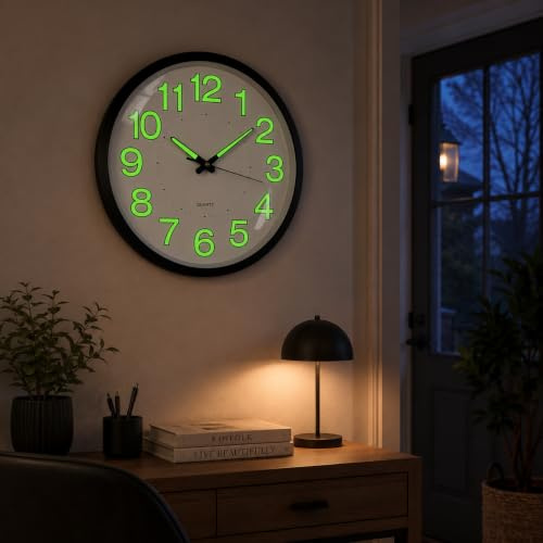 HOSTON Luminous Wall Clock, 30CM Silent Non-ticking Quartz Night Light Wall Clock Round Battery Powered Large Display for Home Bedroom Kitchen Living Room Office School Garage (Black)