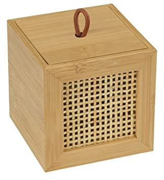 WENKO Caja para el baño Allegre S, caja decorativa con tapa moderna, estilo Boho, de bambú y ratán trenzado de calidad óptima, para guardar de forma práctica utensilios del baño, 9 x 9 x 9 cm, natural