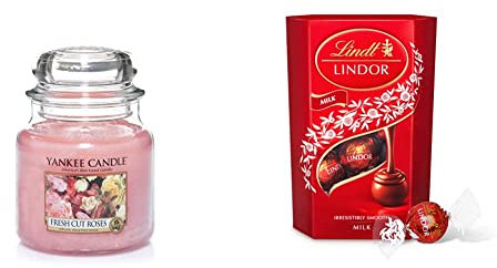 Yankee Candle Scented Candle | Fresh Cut Roses Medium Jar Candle| Burn Time: Up to 75 Hours & Lindt Lindor Milk Chocolate Truffles Box with a Smooth Melting Filling, 200 g