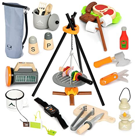 UMU® Camping Spielset für Kinder aus Holz mit Lagerfeuer, Laterne, Messer, Beil u. v. m., Abenteuer Spielzeug zum Rollenspiel, 45 STK Set für 3, 4, 5 Jahre alt Mädchen und Jungen