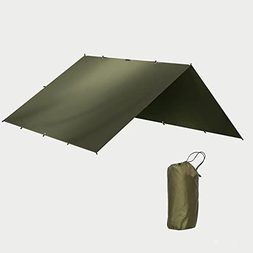 SLDAGe Wasserdicht Camping Tarp, Camping Zeltplane, Leicht Tarp für Hängematte, Tragbar UV Schutz Sonnensegel, Winddicht Regenschutz Sonnenschutz Plane für Outdoor Picknick Wandern,Olive Green,3x3m