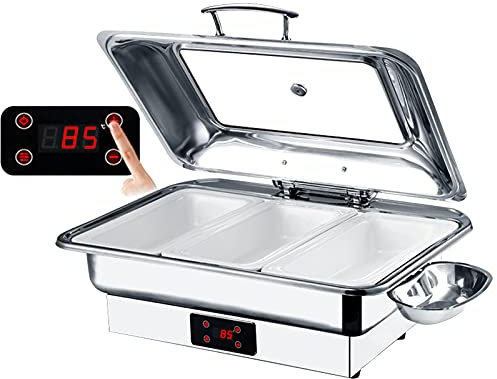 JUNNIU Scaldavivande Scaldavivande Piastre riscaldanti elettriche per Mantenere Il Cibo Caldo Server da Buffet Commerciale da 9 Litri con Coperchio visivo, Temperatura Regolabile da 30 ℃ a 90 ℃,