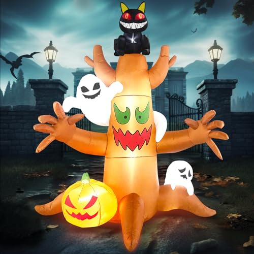 Danxilu 240CM/8 Fuß Halloween Aufblasbar Deko Outdoor, Toter Baum mit Leuchtender Rotäugiger Katze, Geist und Kürbis, Aufblasbare Geisterbaum Eingebaute LEDs Gruselig für Urlaub Party, Hof, Garten