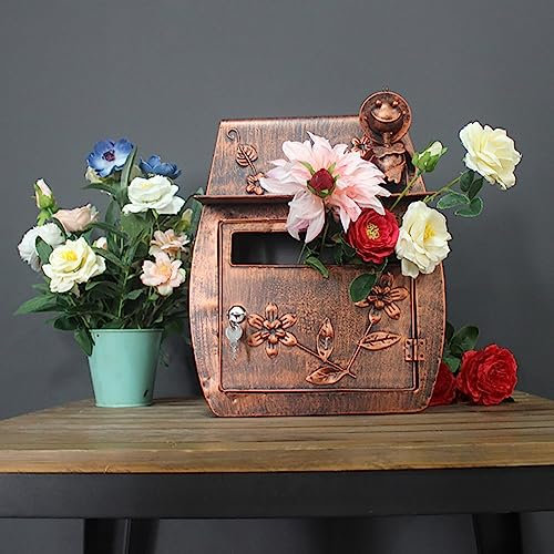 MegLob Cassetta Postale in Ferro Battuto da Giardino Vintage, Organizzatore di Posta Esterno Interno Montato A Parete, Scatola di Suggerimenti con Serratura, Facile da Installare,Bronzo