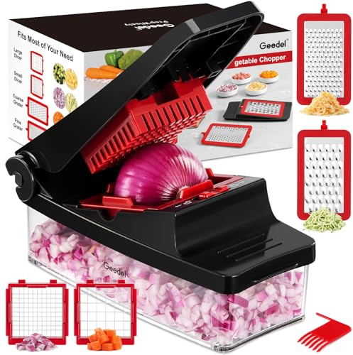 Geedel Vegetable Chopper, Onion Chopper Pro Food Chopper, Kitchen Vegetable Slicer Dicer Cutter Grater, Veggie Chopper with container for Salad Onion Potato Carrot (4 in 1, Red)