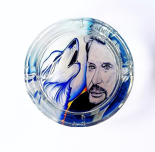 Cendrier Johnny Hallyday et loup en verre effet cristal, cadeau original, anniversaire ou pour tout type d'occassion collection rond