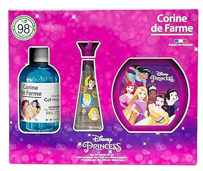 Corine de Farme - Coffret Princesses avec Eau de Toilette 50ml, Bain Moussant 300ml et Boîte à Goûter - Cadeau pour Fille - Parfum pour Enfant Senteur Fraise - Gel Fruité 3-en-1