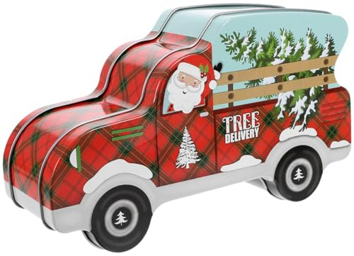 PRETYZOOM Christmas Candy Box Car Shaped Cookie Tin Metal Biscuit Storage Container Xmas Treats Box with Lid 7.5X4.3X2.6 Inch