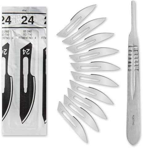 Set - 10 Stück sterile Skalpellklingen Figur 24 aus Karbonstahl - Ersatzklingen + 1 x Shehadeh - Skalpell-Halter - Edelstahl