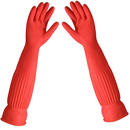Generico Guanti per la pulizia domestica, guanti di gomma lunghi, guanti da tavola, guanti da pulizia in lattice riutilizzabili per cucina, giardino, lavaggio auto, lavori (55cm, M)