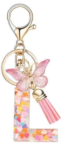 Nodigao Schlüsselanhänger mit Schlaufen für Mädchen Damen Frauen mit Quasten Rosa Schmetterling Buchstabe Schlüssel Taschenanhänger