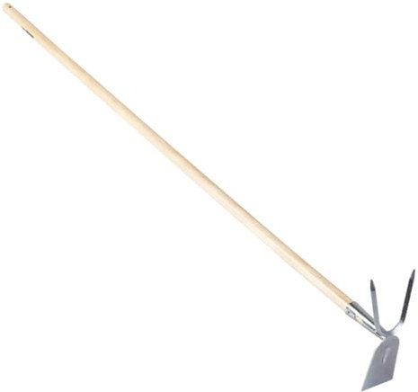 Azada de jardin bidente de 21cm con mango de madera de 140cm - Bricomed. Doble azada. Ideal para escarbar y quitar malas hierbas.