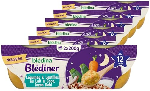 BLÉDINA - Bols - Repas Soir Bébé - Légumes et lentilles au lait et Coco, Façon Dahl - dès 12 Mois - sans Sel Ajouté - 12 x 200 g