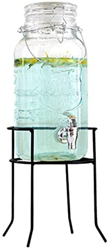 WHITEUQ Dispensador de Bebidas Dispensador de Cerveza, Barril de Cerveza Dispensador de Jugo Recipiente para Bebidas heladas de Vidrio Juego de Soporte de Metal (Transparente 42x23 cm)