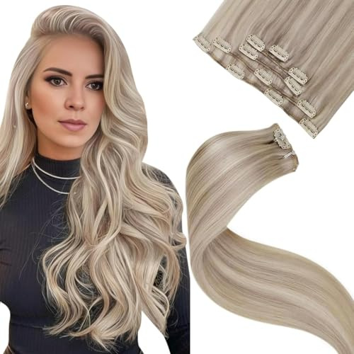 LaaVoo Clip in Extensions Echthaar Blond Remy Echthaar Extensions Clip in Haarverlängerung Clips Extensions Aschblond mit Blond 5pcs 80g 35cm #P18/613 Doppelt Tressen