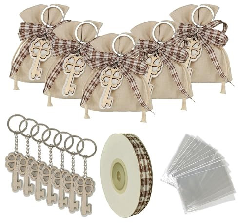 STEFANAZZI 20 Pezzi Kit Bomboniere per Matrimonio Portachiavi Chiave Portafortuna in Legno, Bomboniere Decorazione per Feste