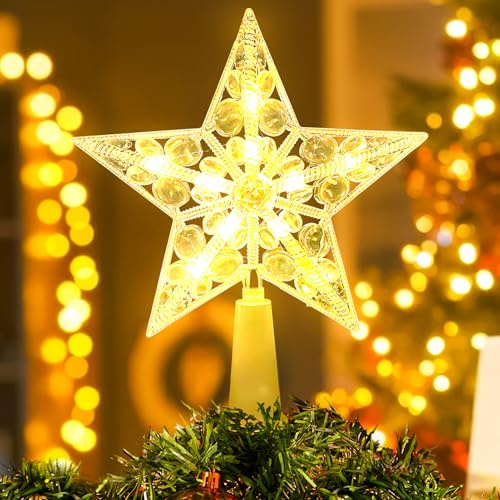 Weihnachtsbaumspitzen Stern 20cm Weihnachtsbaum Spitze Dekorationen,LED Christbaumspitze Gold Glitzer Weihnachtsbaum Glitzernder Metall Baumspitze Stern Weihnachtsdekoration (Warm Dot,21cm)