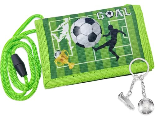 Bikasun Portefeuille Football pour Enfants, Pochette Tour de Cou avec Porte-clés, Cadeau de Noël d'anniversaire, Style Dessin animé pour garçons et Filles