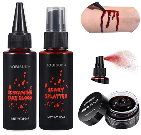 BOBISUKA Fake Blood Halloween Makeup Kit - Realistic Washable Special Effects SFX Makeup Coagulated Blood + Dripping Blood + Spray For Vampire Zombie Monster Cosplay Mouth Clothes Dress Up