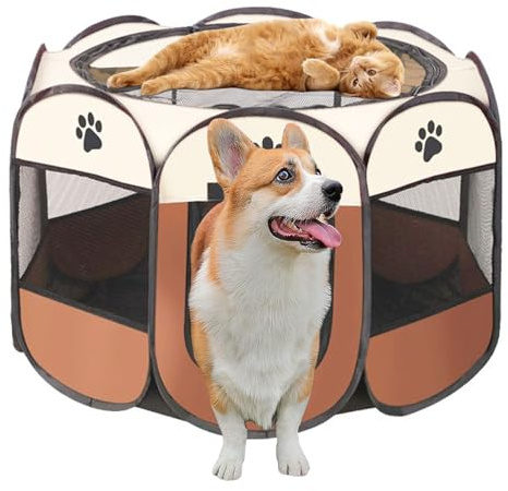 Exquilnova Tragbarer Welpenauslauf, 91 x 91 x 58 cm Hundelaufstall Faltbar Laufstall Katzengehege für Wohnung, Welpenlaufstall für Drinnen Wasserdichtes Oxford-Tuch für Hunde Katzen Kaninchen (Braun)