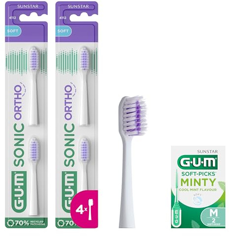 Gum Sonic Ortho Replacement Heads for Battery Powered Toothbrush | Gentle on Teeth and Gums | x2 Packs of 2 (x4 Refill Heads in Total) +1 Bonus Sample | White