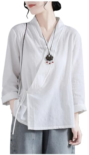 Maglie a Maniche Lunghe da Donna, Abito Tradizionale Cinese Tang, Camicia Ampia Hanfu, Camicette Eleganti Zen Tea Wear,White-L