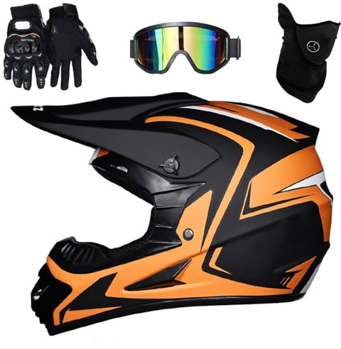Casco da Motocross Per Adulti E Bambini, Casco Integrale da Cross con Occhiali, Guanti E Maschera, Casco da Moto Fuoristrada, Enduro, Downhill, ATV, BMX E MTB(Orange track,L(56-57cm))
