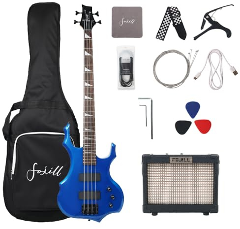 Fojill Full Size 4 Four String Electric Bass Guitar 10W Battery Power Bluetooth Amplifier Amp Beginner Starter Kit Set Combo Bundle Package Accessory Bag,Picks,Capo,Cable,Strings(Metallic Blue)