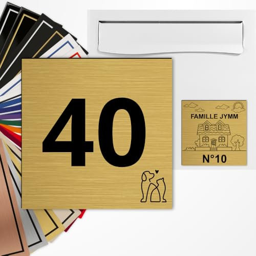 Numéro de rue carré 10x10cm adhésive en PVC – Gravure Laser – 22 Couleurs – Avec ou Sans Motif (Or brossé texte noir)