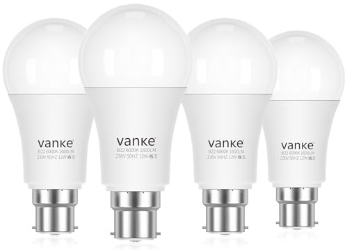 Vanke Bright Bayonet Light Bulb, 12W=150W, Cool White 6000K, 1600LM, 4-Pack | B22 A60 LED Bulb, Energy Saver BC Lightbulb, Super Bright, Non-Dimmable