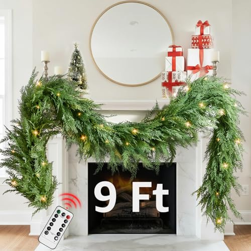 Christmas Cedar Garland Realistic with Lights - Cypress Decorations 9ft for Mantle Lighted Faux Pine Garlands for Xmas Home Decoration Indoor Stairs Railing Fireplace 9 Ft Outdoor Prelit Door Decor
