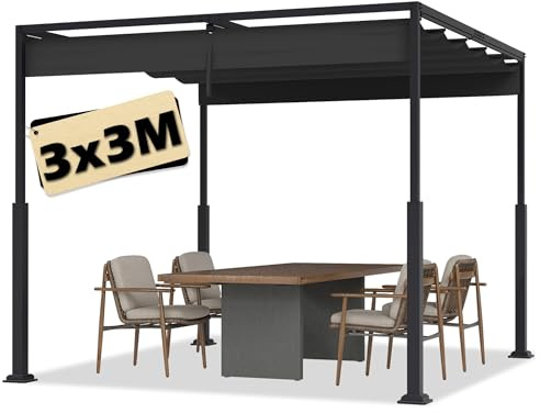 Suusolny 3x3 Pergola mit Schiebedac Schwarz Gartenpavillon Wasserdicht Terrassenüberdachung Stabile Sonnenschutz für Terrasse & Freistehender Sonnendach aus Stahl & Polyester Terrassendach UV Schutz