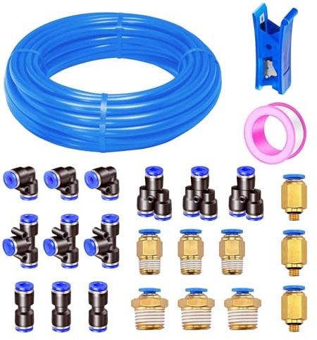 Tubo pneumatico HUAZIZ PU da 20 m, tubo pneumatico in poliuretano blu, tubo flessibile per aria compressa, con 21 connettori pneumatici, esterno 8 mm x interno 5 mm