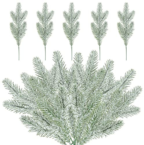 JinweiS 30 rami di pino ghiacciato con neve, per albero di Natale innevato, rametti di pino finto agrifoglio per fai da te, ghirlande, decorazioni per la casa (24 cm)