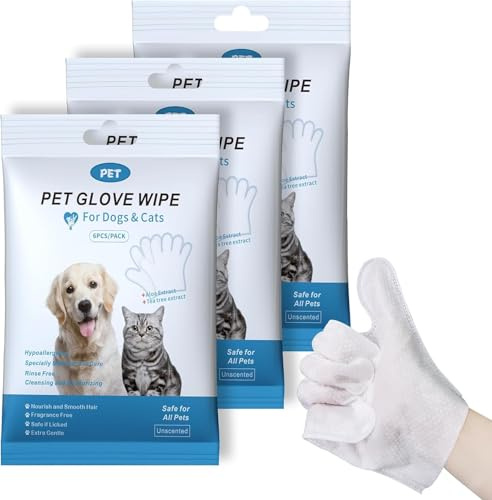 HONGYEE【3 Packs/18 Sheets】Pet Thick Glove Wipes, Disposable Pet Cleaning Wipes, Odorless and Fragrance-Free, Suitable for Daily Care, Cleaning, and Grooming of Dogs and Cats