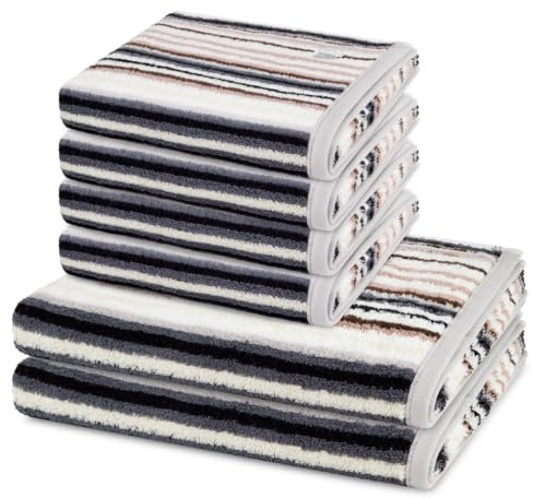 Ross Vita 6-teiliges Handtuchset - 4 Handtücher 50x100 cm & 2 Duschtücher 70x140 cm aus garngefärbtem Walkfrottee 520 g/m² – Weich, saugstark & pflegeleicht mit Kordelaufhänger - Dunkelgrau/braun