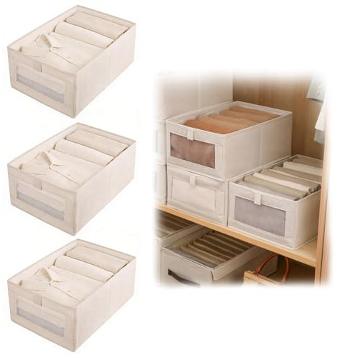 Beige Schrank Organizer 3er Set - Faltbox Aufbewahrungskiste Ordnungsbox, Aufbewahrungsbox mit Transparentem Sichtfenster, für Kleidung, Taschen, Kinderspielzeug, Büchern, Snacks (40 x 27x 17cm)