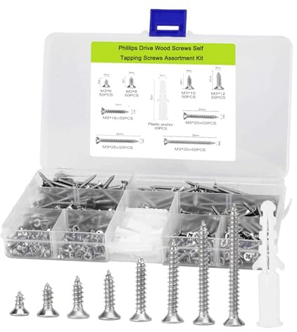 420Pcs M3 Small Screws for Wood, Self Tapping Cross Flat Head Screw, Assorted Screws Pack Set, for Decking Chipboard Drywall Concrete（20pcs M6 Screw Anchors）
