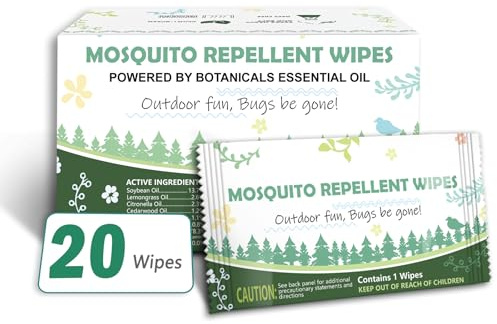 Natural Mosquito Repellent Wipes, DEET Free Insect & Bug Repellent Wipes, Easy to Use, Long Lasting, Travel Sized, 20 Packs