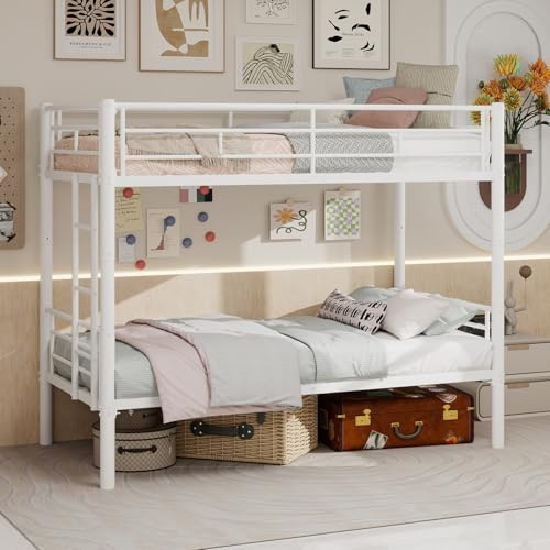 odikalo Cama Nido de 90x190 cm, Cama Individual, Cama para niños, con somier de láminas de Metal, Escalera y Barrera de protección, Convertible en Dos Camas separadas, Blanco (colchón no Incluido)