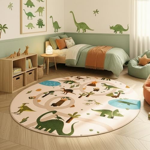 SIMPEX Barnmatta Dinosaurier Lekmatta Rund 160 cm för Barnrum i Beige med Dino Motiv idealisk som lekunderlag