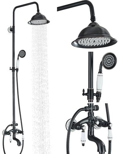 Suguword Schwarz Duscharmatur Duschset Duschsystem Regenduschset mit Kopfbrause Duschsäule Regenschauer Handbrause Stange Blue and White Porcelain Komplettset Duscharmatur Anti-Kalk