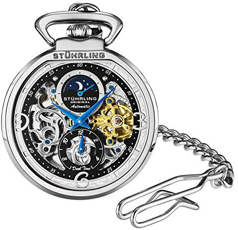 Stuhrling Original Automatische Taschenuhr für Herren, Skelett-Zifferblatt, mechanisches Uhrwerk mit Edelstahlkette, zweifache Uhrzeit AM/PM Sonne Mond Subdial, Silber, Klassisch