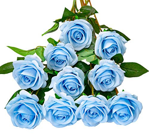 DuHouse 10Pcs Artificial Roses Fake Silk Flowers Realistic Bridal Bouquets with Single Long Plastic Stems for Arrangement Wedding Table Centerpiece Party Home Decor(Sky Blue)