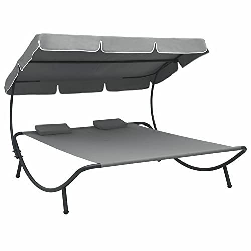 Susany Garten-Sonnenliege mit Sonnendach und Kissen Grau Doppelliege Gartenliege Relaxliege Strandliege Liege Gartenmöbel Witterungsbeständig Grau 200 x 173 x 135 cm