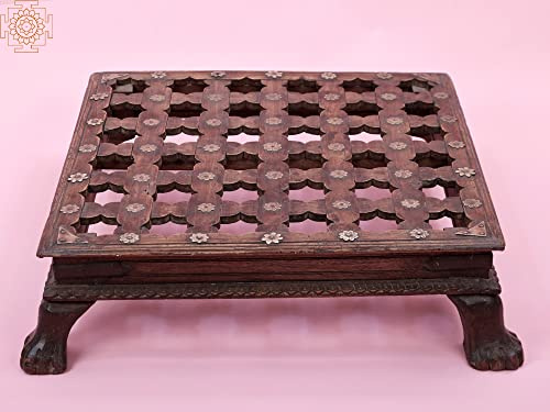 Exotic India 24 Wooden Lattice Chowki (Pedestal) | Handmade - Wood with Brass