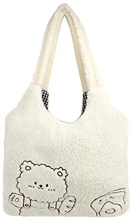 MEGAUK Sac fourre-tout en peluche pour fille avec ours mignon en peluche - Sac à bandoulière en toile pour shopping, rendez-vous galant, Ours Toast Blanc, Taille unique
